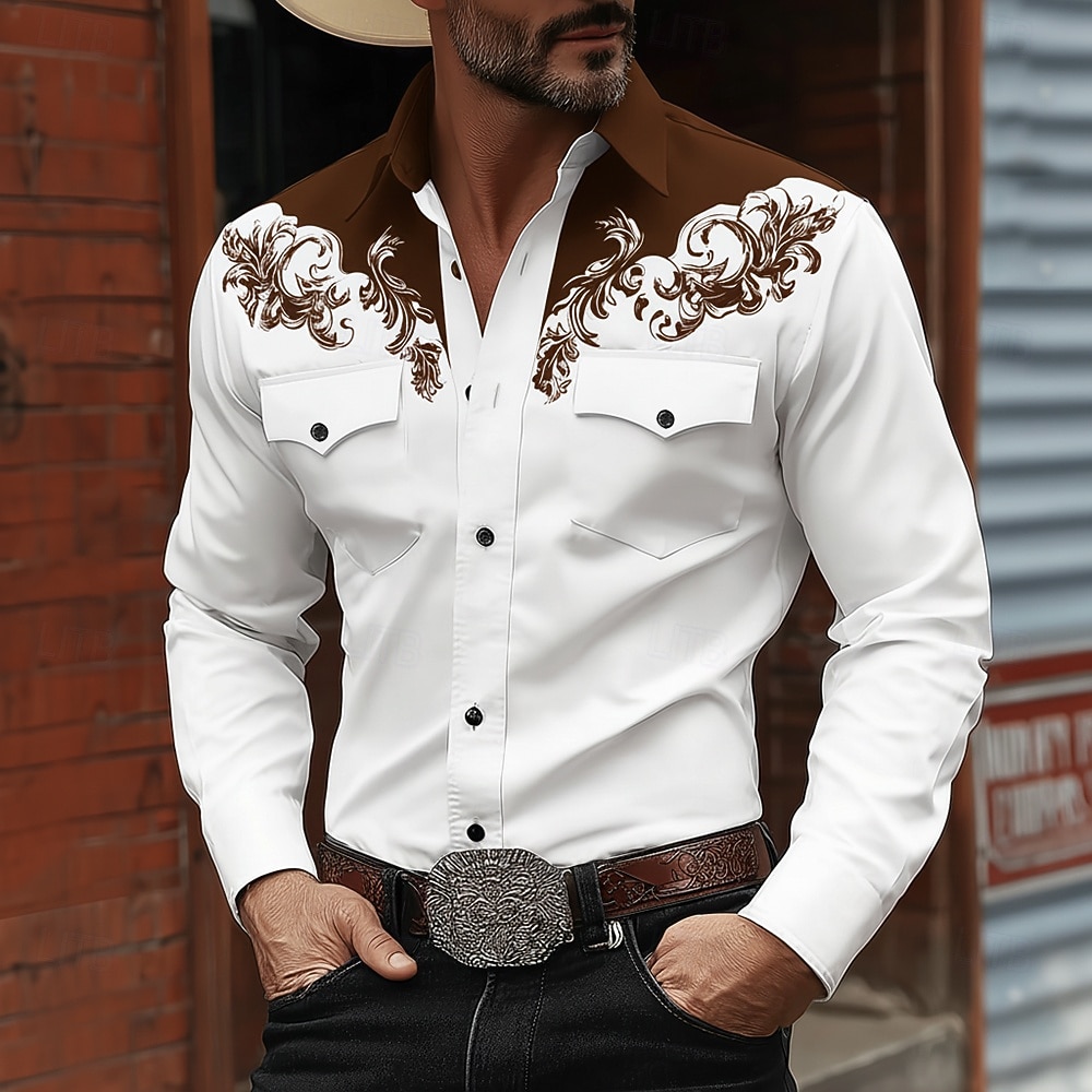 Herren Blumendruck Ethnisch Blumen Hemd Westernhemd Cowboy-Shirt Langarm Vintage-Retro Lässig Outdoor Arbeitskleidung Frühling Herbst Umlegekragen Zwei Fronttaschen Leinenähnliches Hemd Hemden mit 2026 - $27.99 –P2