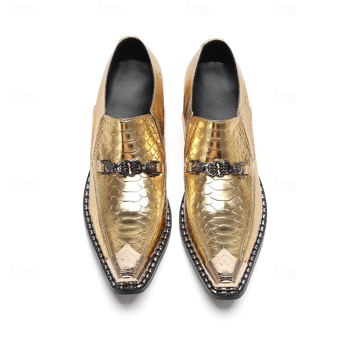 Scarpe eleganti con stampa di serpente oro di Mardi Gras per uomini – pelle di mucca premium 100% all’avanguardia design a punta per Carnevale feste e occasioni speciali del 2026 a $149.99 –P8
