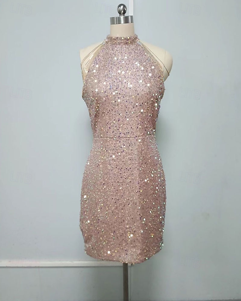 Dam Mini klänning Klänning med paljetter Festklänning Cocktail klänning Sheath Dress Mode Modern Kvällsfest Fest Speciellt Tillfälle Normal Slät Ärmlös Halterneck Svart Vit Rodnande Rosa Vår Höst 2026 - $38.99 –P2