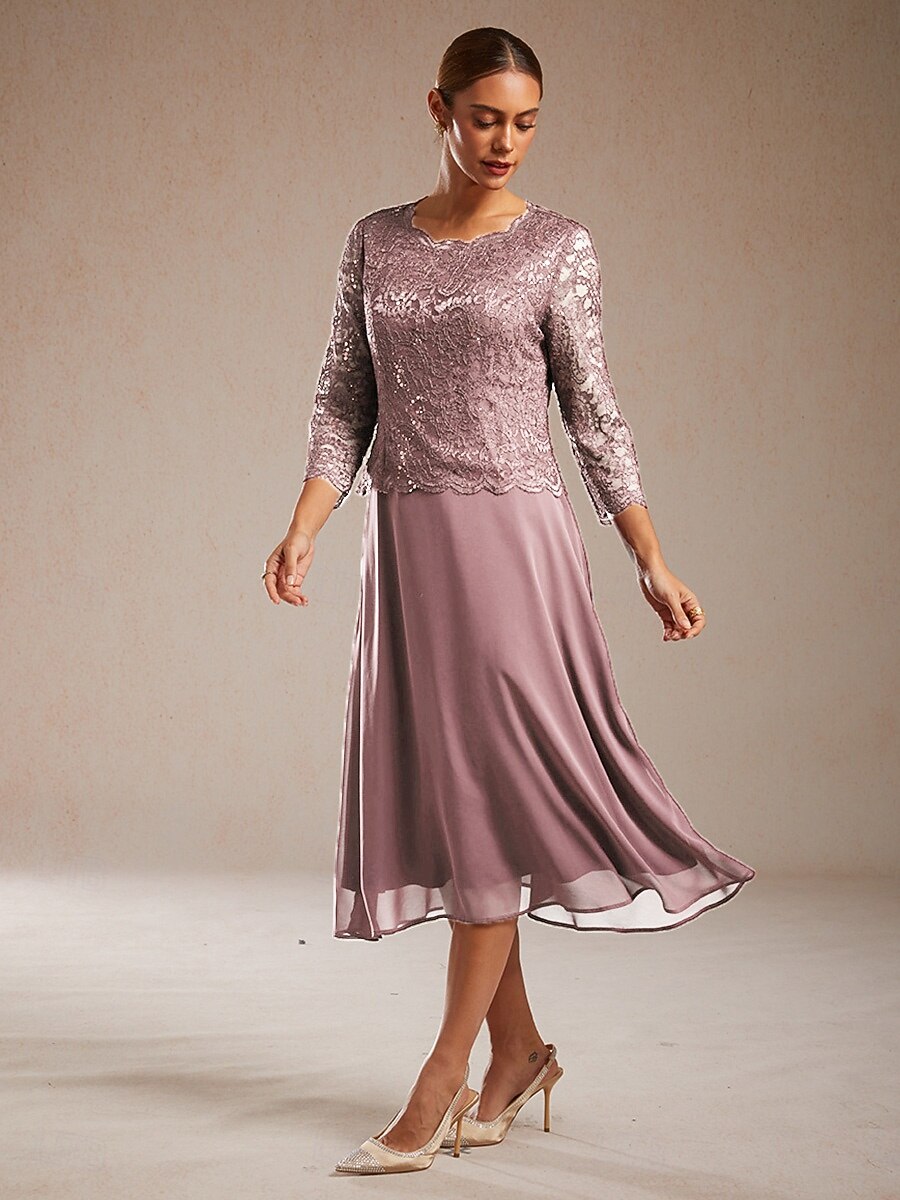 Női Midi ruha Sifon ruhák Elegáns Estély Esküvői vendég Flitter Csipke Normál Tömör szín Háromnegyedes Terített nyak Arcpír rózsaszín 2026 - $135.99 –P6