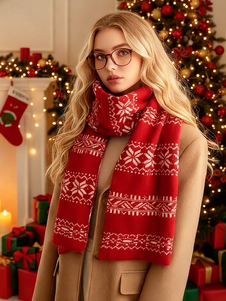Weihnachtsstrickschal mit Schneeflockenmuster für Damen – aus Acryl, festliches rot-weißes Muster, perfekt für Winterfeiertage und Weihnachtsfeiern 2026 - $11.99 –P1