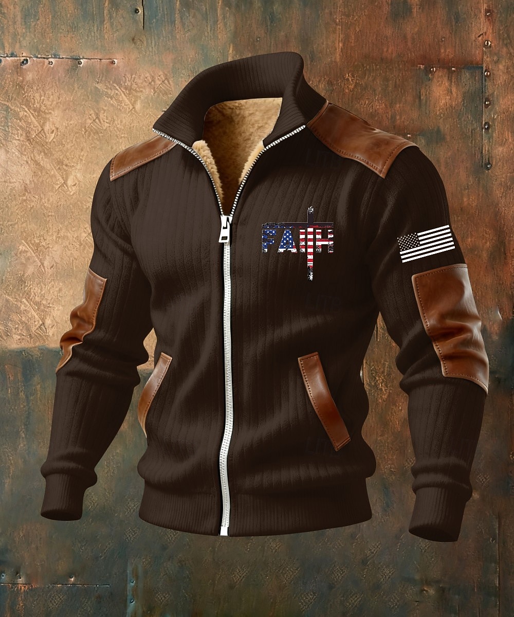 Homens Full Zip Hoodie Casaco de lã Moletom de lã Preto Branco Verde Tropa Azul Marinha Marron Colarinho Clerical Cruz Bandeira americana Fé Bolsos Detalhes em couro sintético Desportos e Ar livre de 2026 por $75.99 –P1