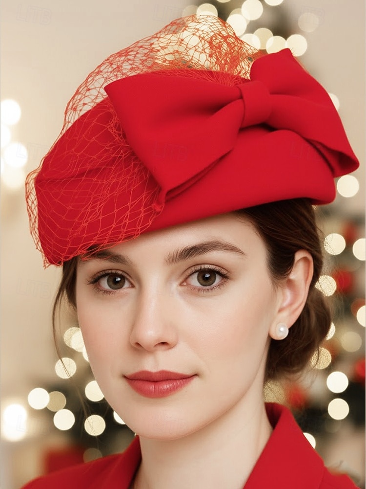 женская рождественская шапка из искусственной шерсти, с бантом и сеткой, несколько цветов для праздничных мероприятий, идеально подходит для торжеств и зимней моды 2025 - $14.99 –P1