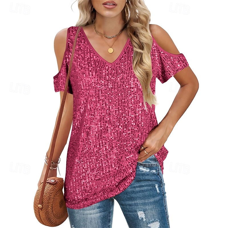Femmes T-shirt Hauts d'été Paillettes Patchwork Couleur Unie Élégant Mode Classique Manche Courte Col en V Hauts Réguliers Quotidien Sortir Week-end Bleu Noir Blanche Jaune Rose Claire Été Printemps de 2026 ? $31.99 –P3