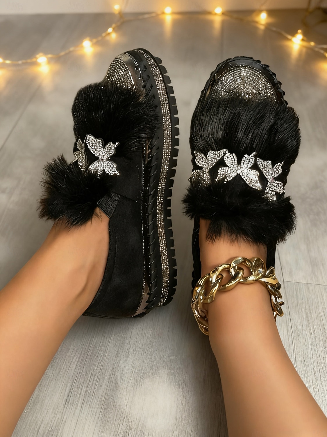 Damen-Loafer mit Strass-Schmetterling und Kunstpelz – funkelnde Slipper für Partys und Club-Outfits &Winter-Glamour-Stil 2026 - $42.99 –P5