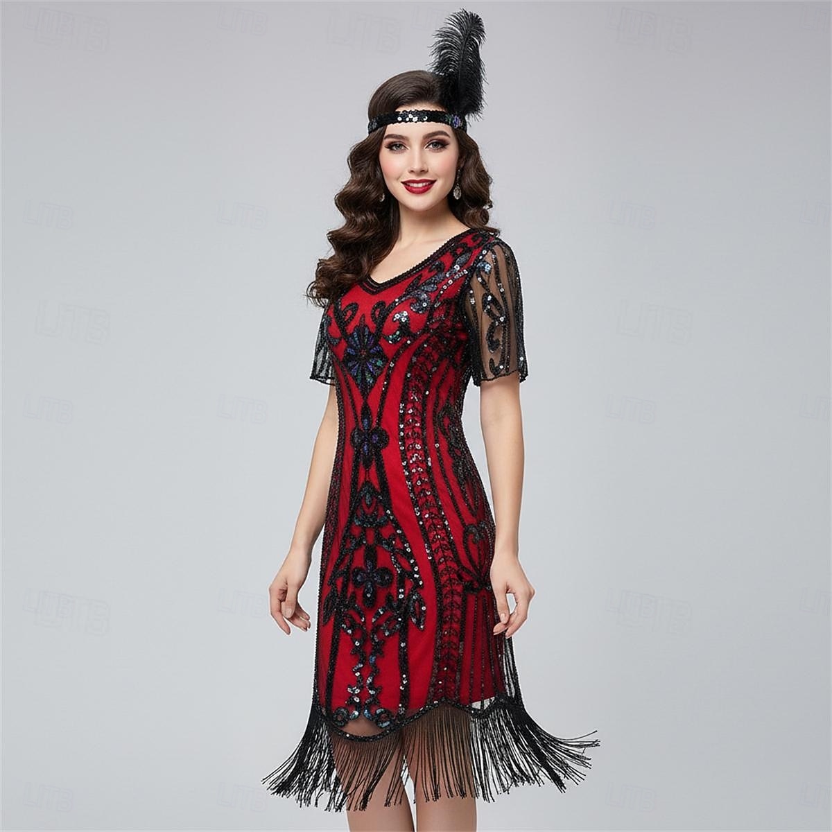 Loucos anos 20 Anos 20 Até os Joelhos Comprimento Curto Vestido melindroso Ilusão Mangas curtas O Grande Gatsby Convidado do casamento Paetês Lantejoula Decote V Fantasia Mulheres Carnaval Baile de de 2026 por $43.99 –P15