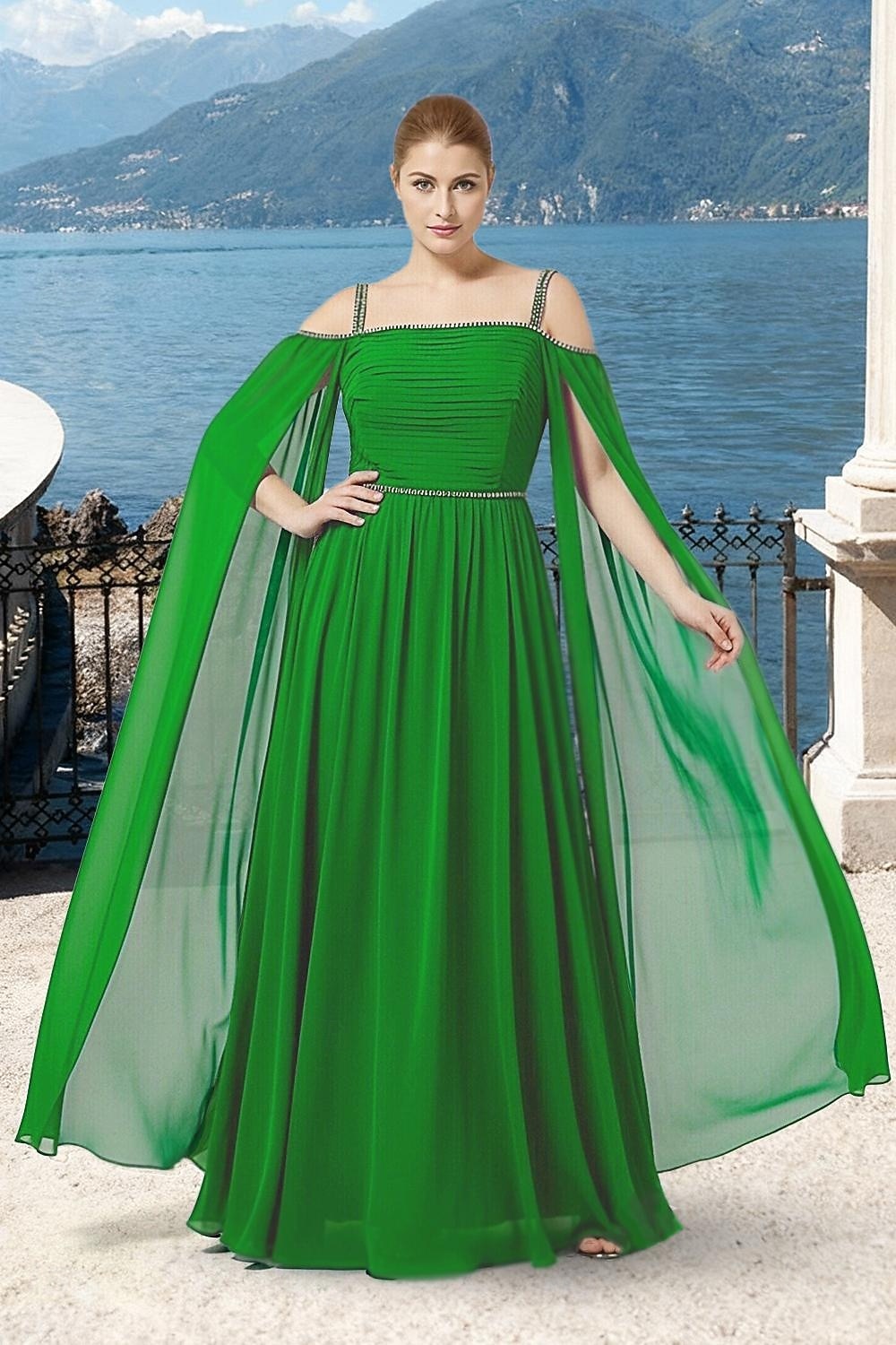 A-lijn Tot de grond Bruiloft gast jurk Formele jurk Avondjurk Moeder van de bruid jurk Lange mouw Schouderafhangend Elegant Eenvoudig Formeel Chiffon met Plooien 2026 - $172.99 –P1
