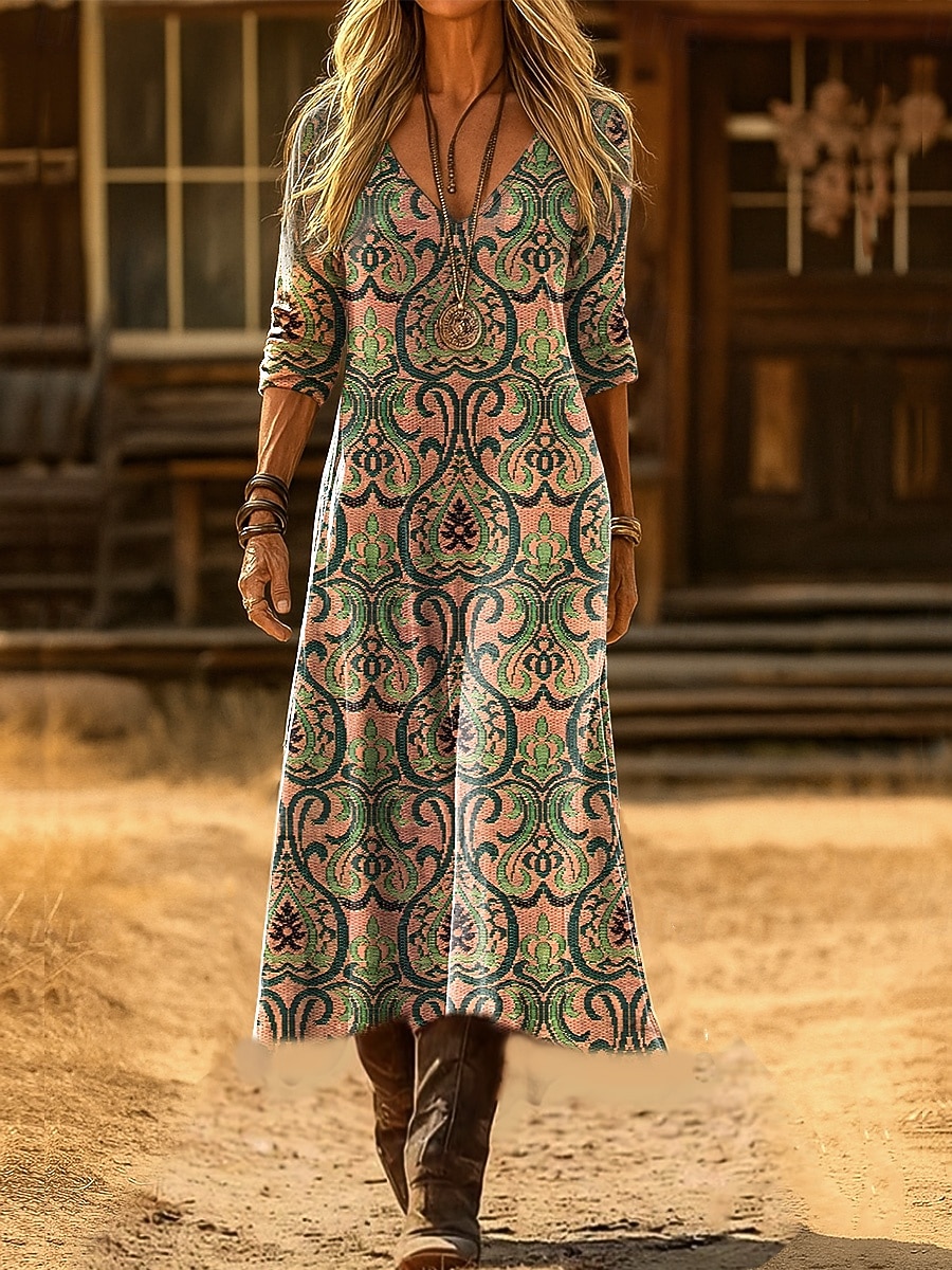 Women's Maxi Dress Boho Sheath Dress Party Casual  Daily Date Going out Loose Fit Floral Graphic Paisley Long Sleeve V Neck Black Red Purple Orange Spring Fall Winter 2026 - $41.99 –P3