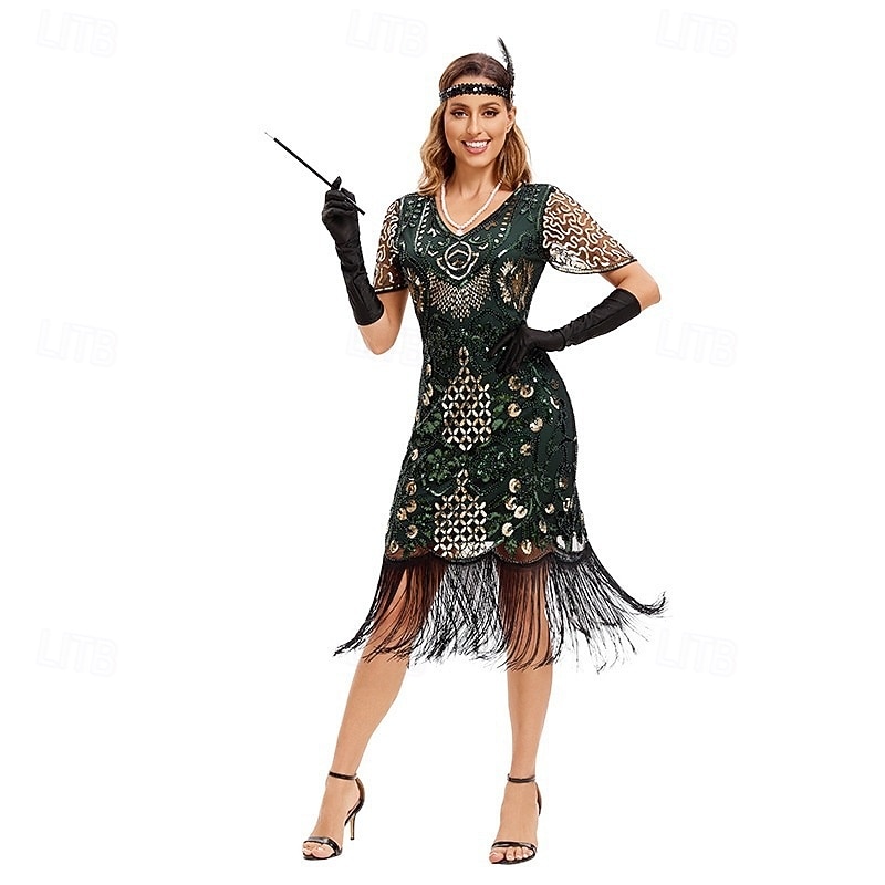 Loucos anos 20 Anos 20 Meio-dia Vestido melindroso Mangas curtas O Grande Gatsby Menina melindrosa Paetês Franja Tubinho Decote V Fantasia Mulheres Natal Carnaval bar clandestino Mascarilha Festa de 2026 por $42.99 –P6