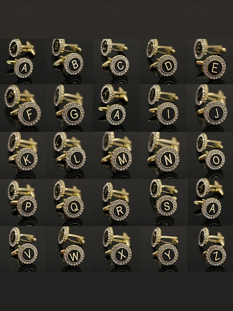 Комплект из мужского зажима для галстука, запонок и булавки для лацкана из сплава – элегантный черно-золотой дизайн с кристаллами, персонализированный 26 инициалами, идеальный подарок для официальных мероприятий и делового дресс-кода 2026 - $11.99 –P9