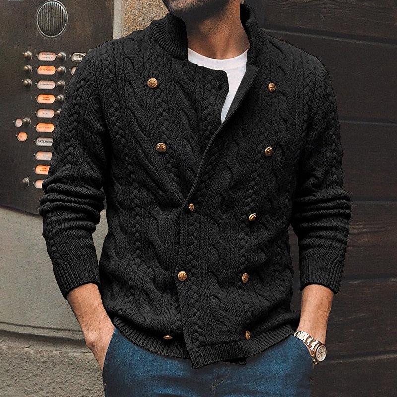Voor heren Kabelgebreide trui Trui Vest Trui Kabel breien Normale tops Dichtknopen Gebreid Effen Opstaand Vakantie Modieus Casual Alledaagse kleding Kleding Lente & Herfst Herfst winter Zwart Paars M 2026 - $43.99 –P2
