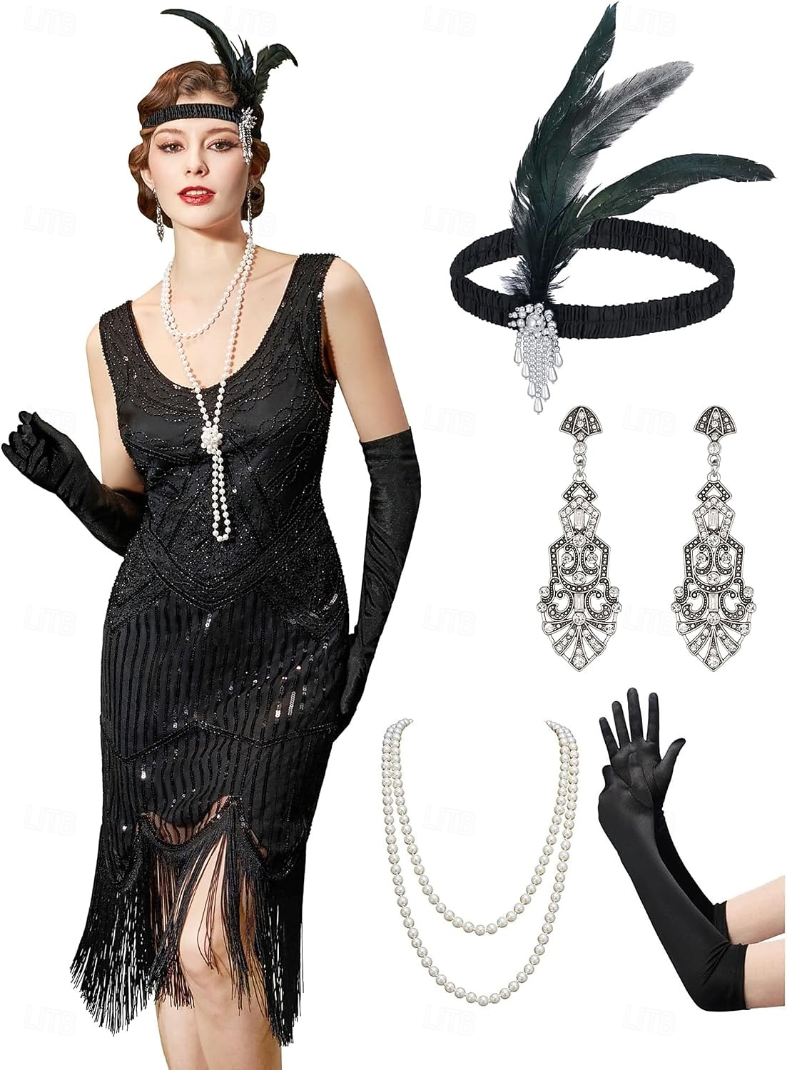 Set Goldene Zwanziger 1920er Knielang Kleid Flapper Kleid Outfits mit Zubehör Ärmellos Der große Gatsby Charleston Pailletten Quastenfransen Feder V Ausschnitt Kostüm Damen Karneval Neujahr Maskerade 2026 - $62.99 –P5
