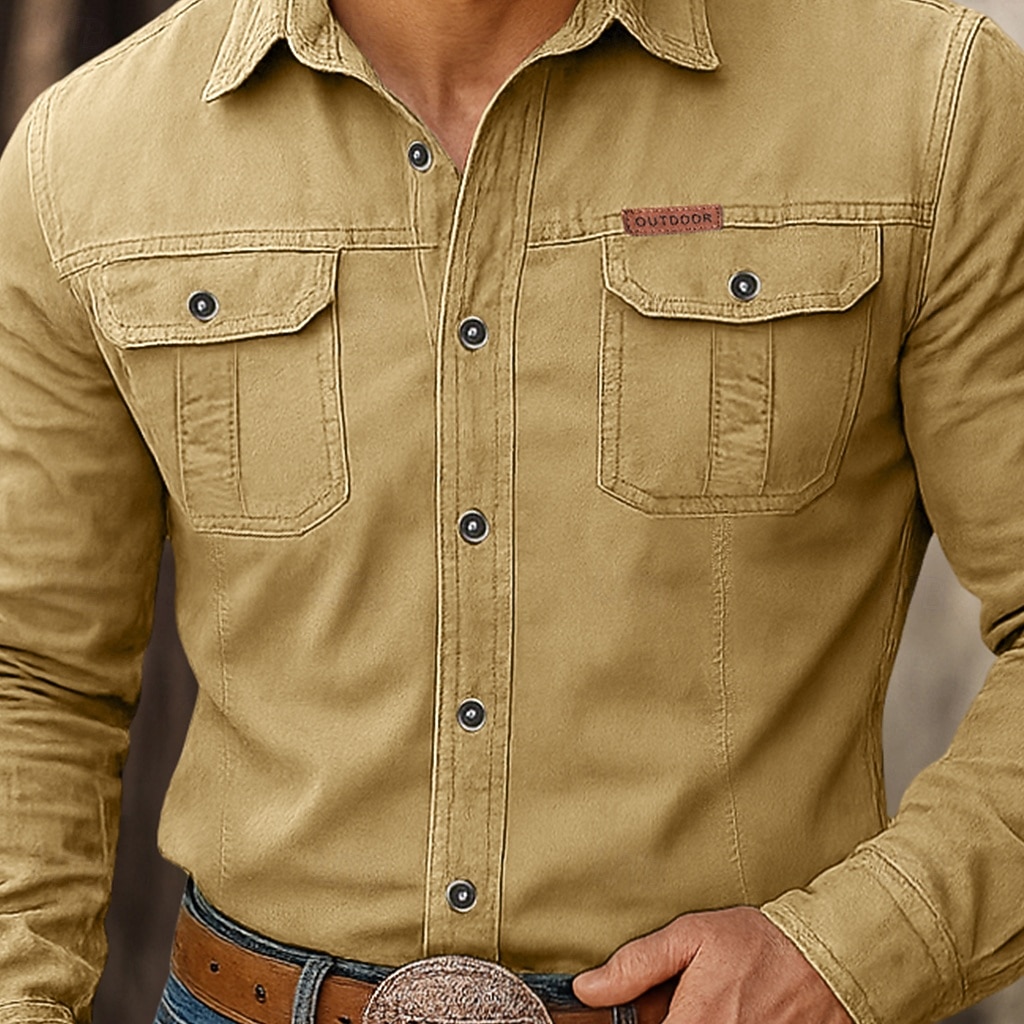 Муж. Западная рубашка Рубашка-карго Ковбойская рубашка Хаки Военно-зеленный Длинный рукав Сплошной цвет Полотняное плетение Отложной Для занятий спортом Повседневные Карман Одежда 2026 - $26.99 –P4