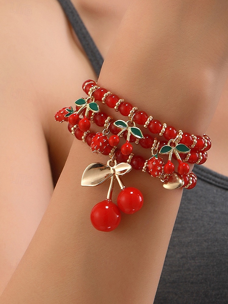Женский рождественский браслет из бусин с вишневой тематикой, красный и золотой, идеальный подарок на праздник 2026 - $9.99 –P2