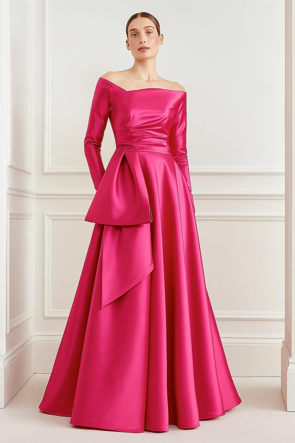 Linea ad A Lunghezza al pavimento Abito da Sera Elegante Manica Lunga Senza Spalle Matrimonio Formale Tasca Raso con Fiocco/Fiocchi Pieghe del 2026 a $136.99 –P1