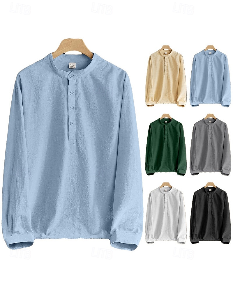 Per uomo Camicia Camicia di lino Camicia popover Camicia casual Camicia di cotone Semplice Vacanza Camicia hawaiana Nero Bianco Cachi Verde militare Manica Lunga Colletto alla coreana Primavera del 2025 a $24.99 –P1