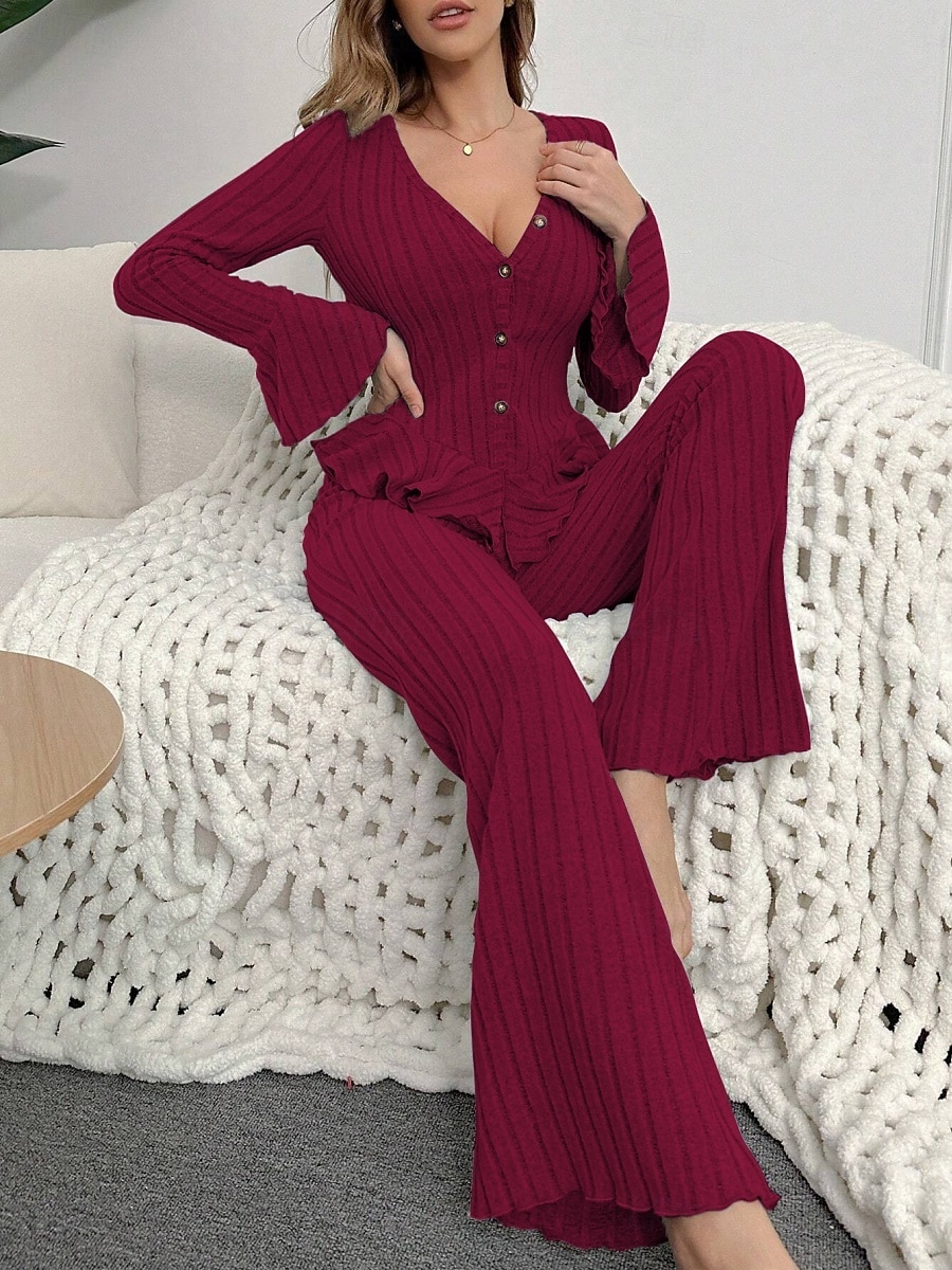 Femmes Ensemble Pyjama Occasionnel Confort Couleur Unie Taille Élastique Pantalon Maison Quotidien manche longue Col en V Noir Vin Fuchsia Gris Printemps Automne Hiver Coupe régulière de 2026 ? $21.99 –P4