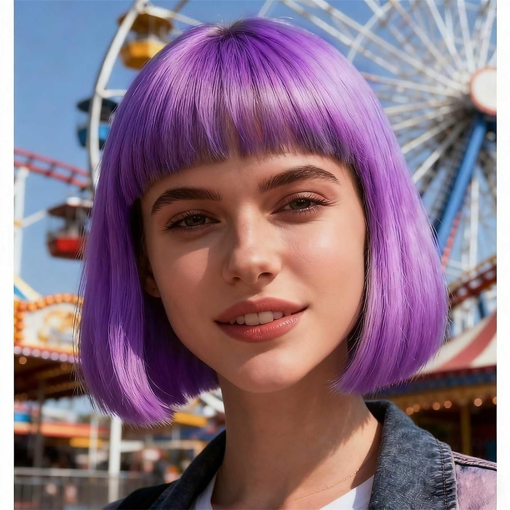 Purple Bob Wig With Bangs 12 Inch Short Synthetic Fiber Bob Wigs for Women Short Bob Wigs and Halloween Cosplay Wig for Daily Life Colorful Wigs With for Carnival Festival Party 2025 - $21.99 –P1