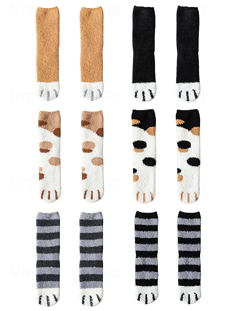 2026年 レディースコットンブレンドソックス、猫の足跡プリントデザインの6足セット、複数の色、柔らかくて快適な毎日の着用に最適  コレクション – $11.99 –P10