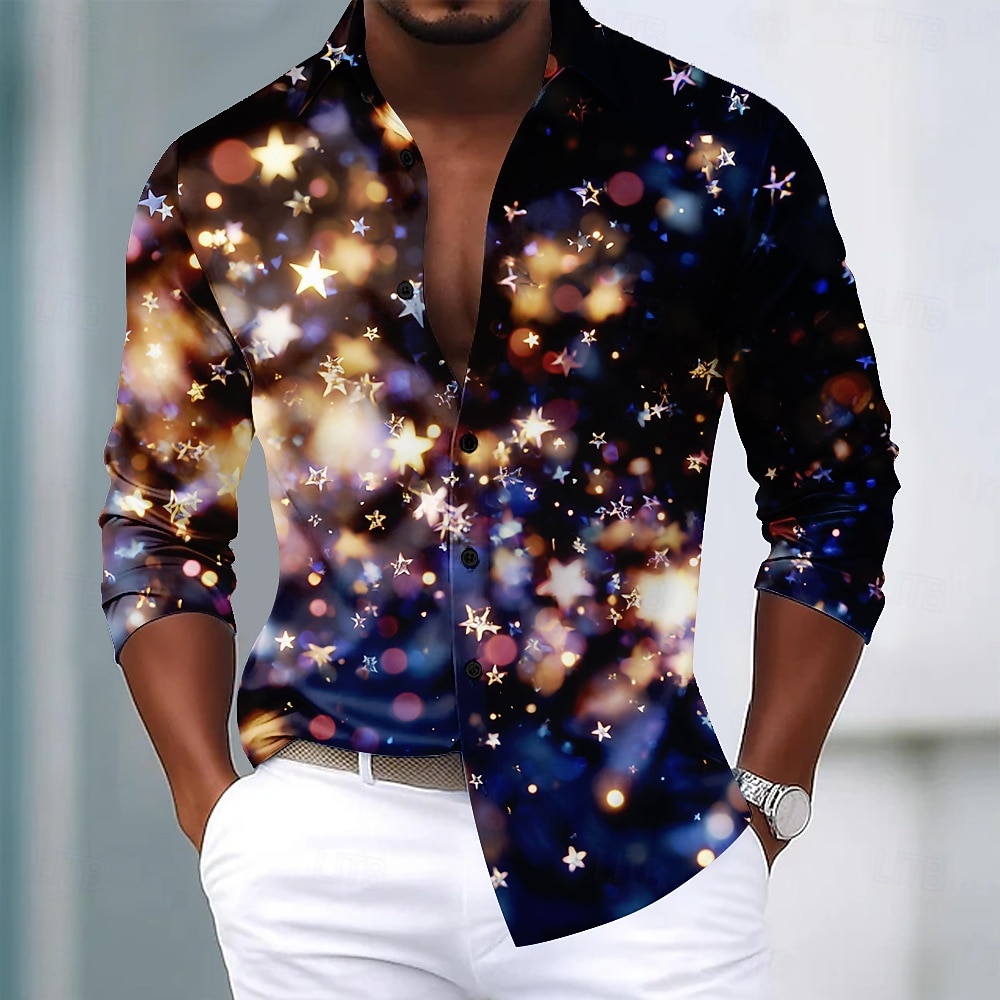 Christmas Men's Sparkling Glitter Christmas Light Shirt Satin Shirt Dress Shirt Long Sleeve Fashion Casual Party Holiday Summer Spring Fall Turndown