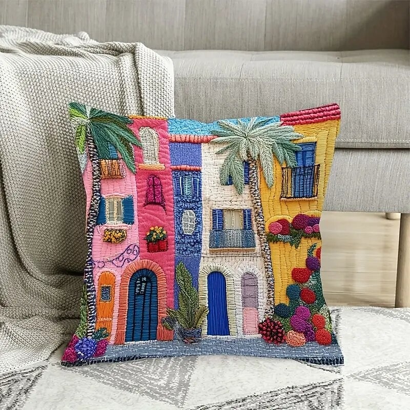 Mediterranean Style Pillow Cover with 2D Flat Print Single-Sided Colorful Town Scene Plants and Flowers Decorative Cushion Case for Sofa Living Room Home 2026 - $9.99 –P2