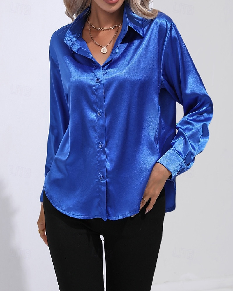 Femmes Chemise Elegant Haut en satin Chemisier Boutons Uni Élégant ancien manche longue Col de chemise Hauts Réguliers Fête Sortir Jaune Rouge Bleu Roi Rose Gris Été Printemps de 2026 ? $25.99 –P1