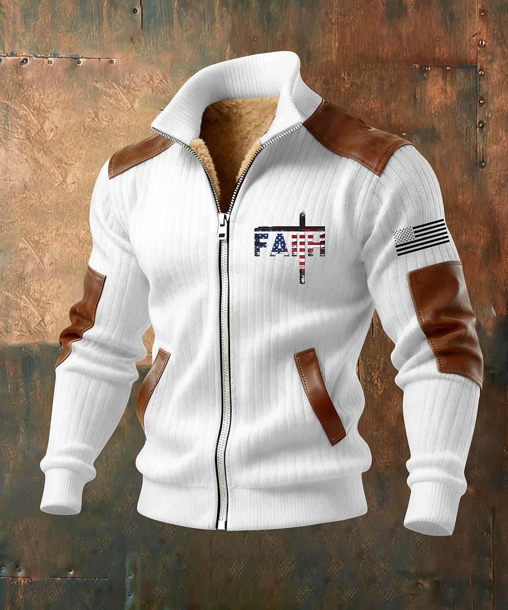 Homens Full Zip Hoodie Casaco de lã Moletom de lã Preto Branco Verde Tropa Azul Marinha Marron Colarinho Clerical Cruz Bandeira americana Fé Bolsos Detalhes em couro sintético Desportos e Ar livre de 2026 por $75.99 –P2