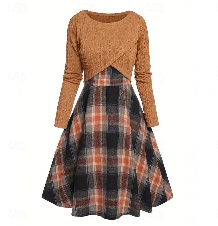 Femmes Robe Midi Robe trapèze Occasionnel Boho Quotidien Coupe régulière Plaid manche longue Col ras du cou Orange Printemps Automne Hiver de 2026 ? €46.99 –P3