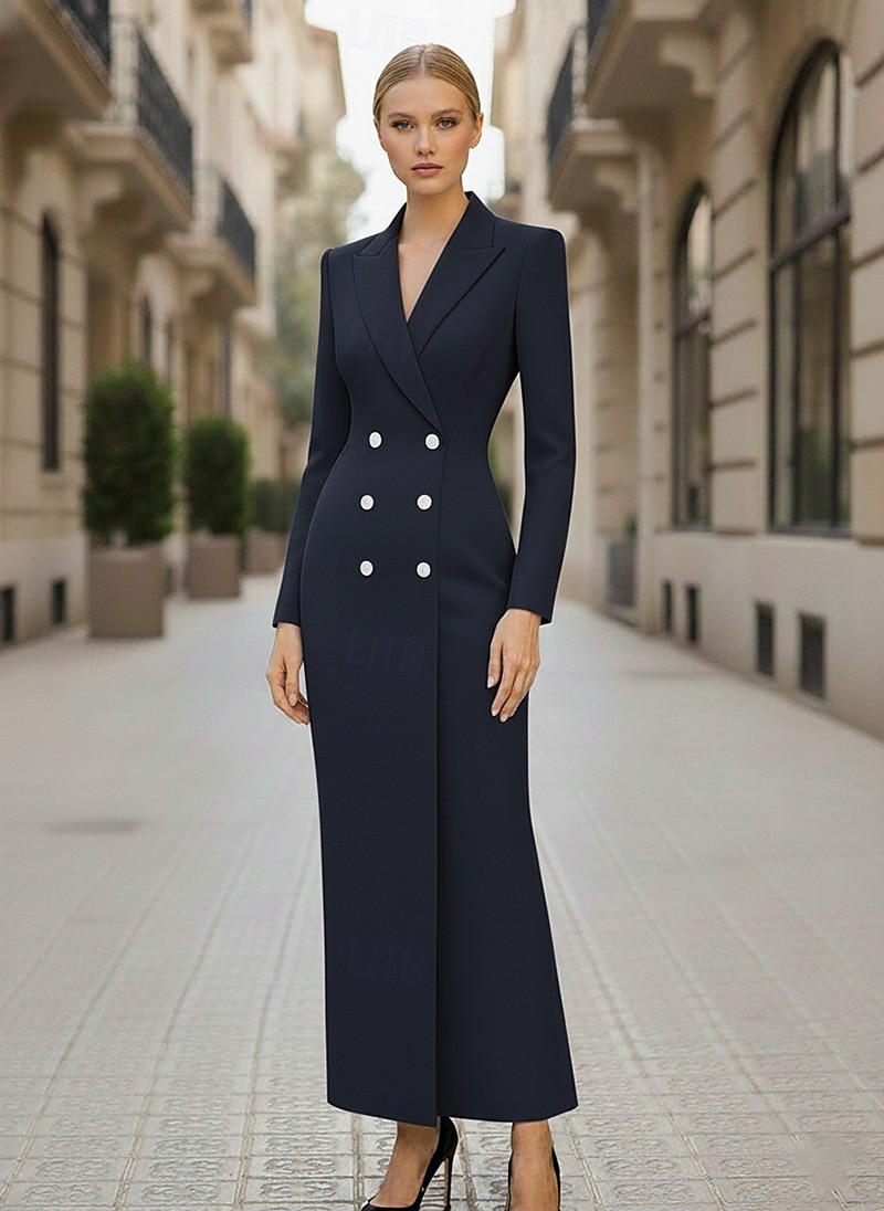 Women's Tuxedo Dress Sheath Formal Crepe Elegant Simple Long Sleeve 3/4 Sleeve Pleated Floor Length Peaked Lapel V Neck Double Breasted 2026 - $159.99 –P5