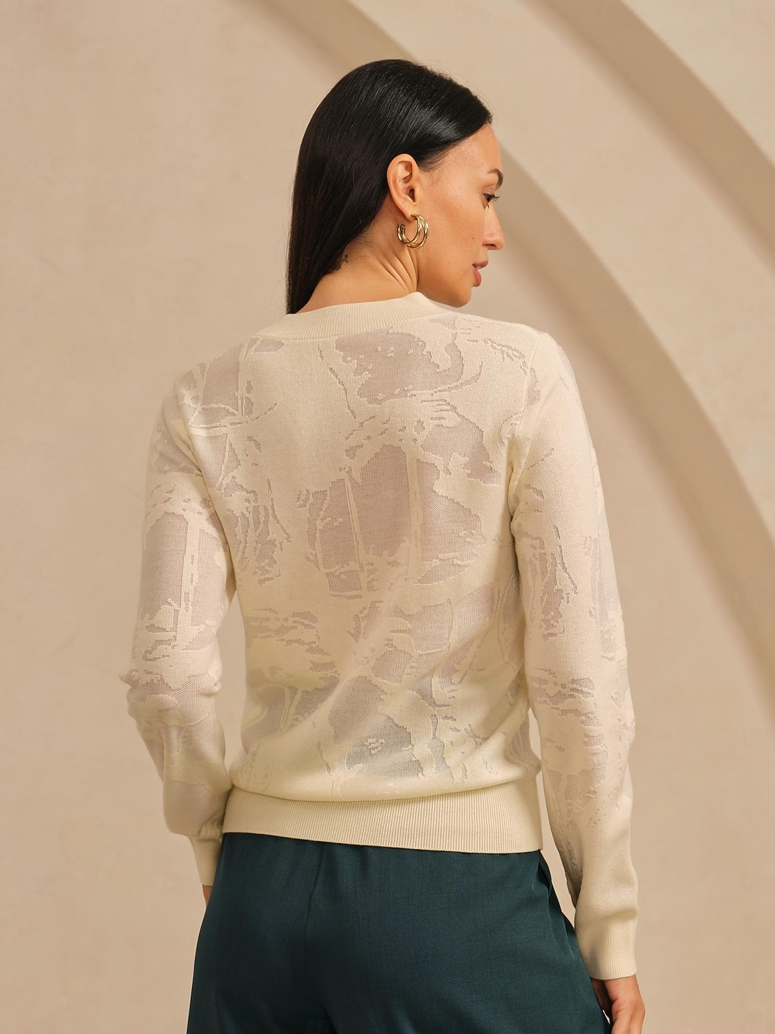 maglione girocollo in organza di lana lavorato a maglia floreale casual da vacanza del 2026 a $91.99 –P4