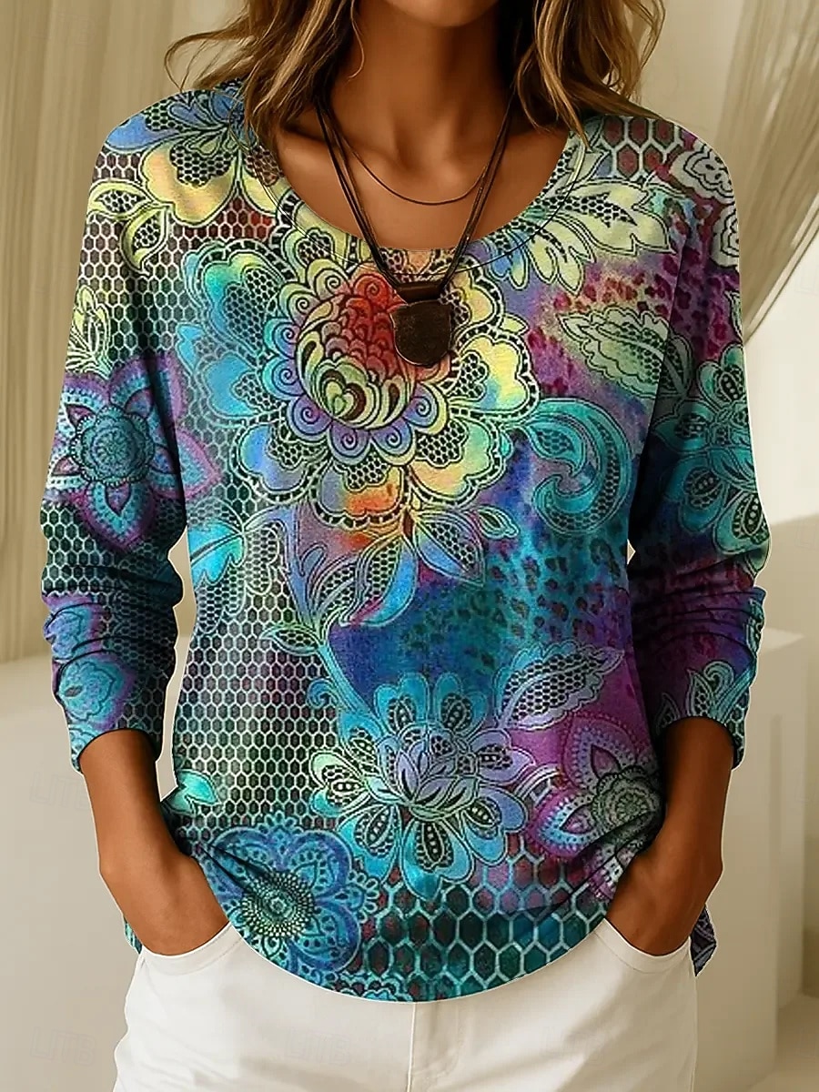 Per donna Maglietta Stampato Floreale Grafico Piante Moda Casual Manica Lunga Girocollo Top Regolari Quotidiano Weekend Blu Rosa Viola Autunno Inverno del 2026 a $24.99 –P1