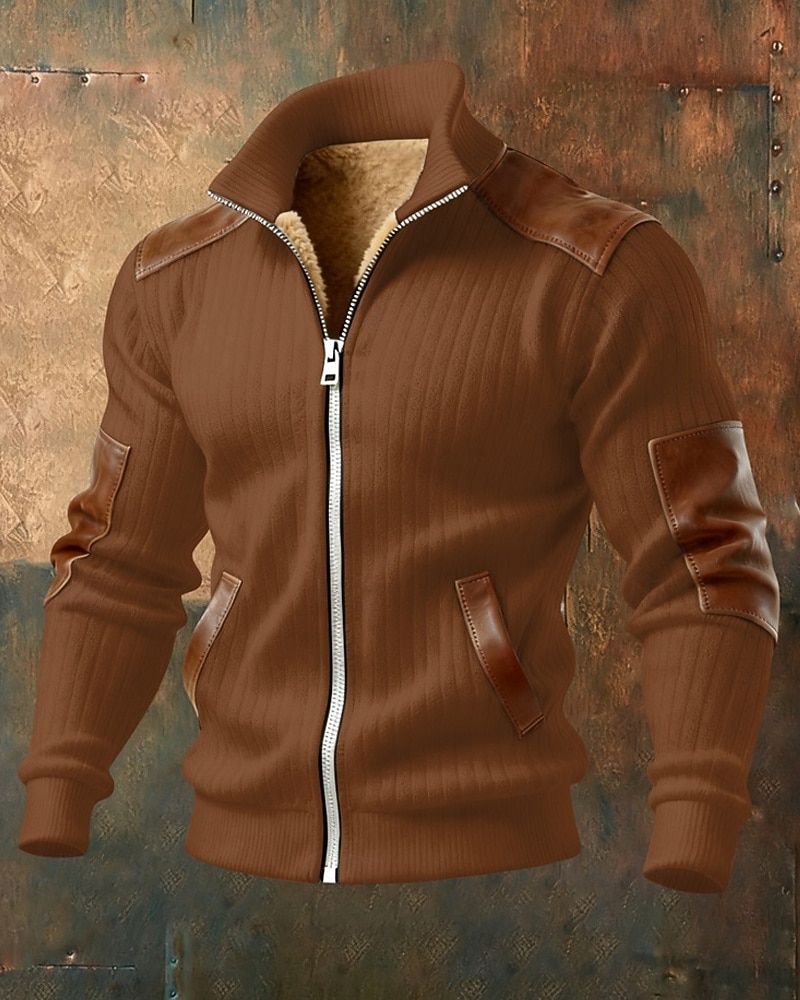Men's Winter Coat Fleece Jacket Casual Jacket Outdoor Casual Thermal Warm Patchwork Pocket Fall Winter Plaid Streetwear Daily High Neck Regular Camel Black White Navy Blue Brown Jacket 2026 - $74.99 –P8