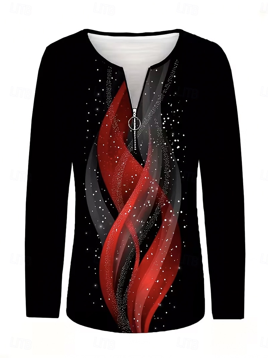 Dames T-shirt Vetoketju Afdrukken Grafisch Geometrisch Abstract Vintage Modieus Stijlvol Lange mouw Strakke ronde hals Normale tops Dagelijks Rood Lente Herfst Winter 2026 - $25.99 –P2
