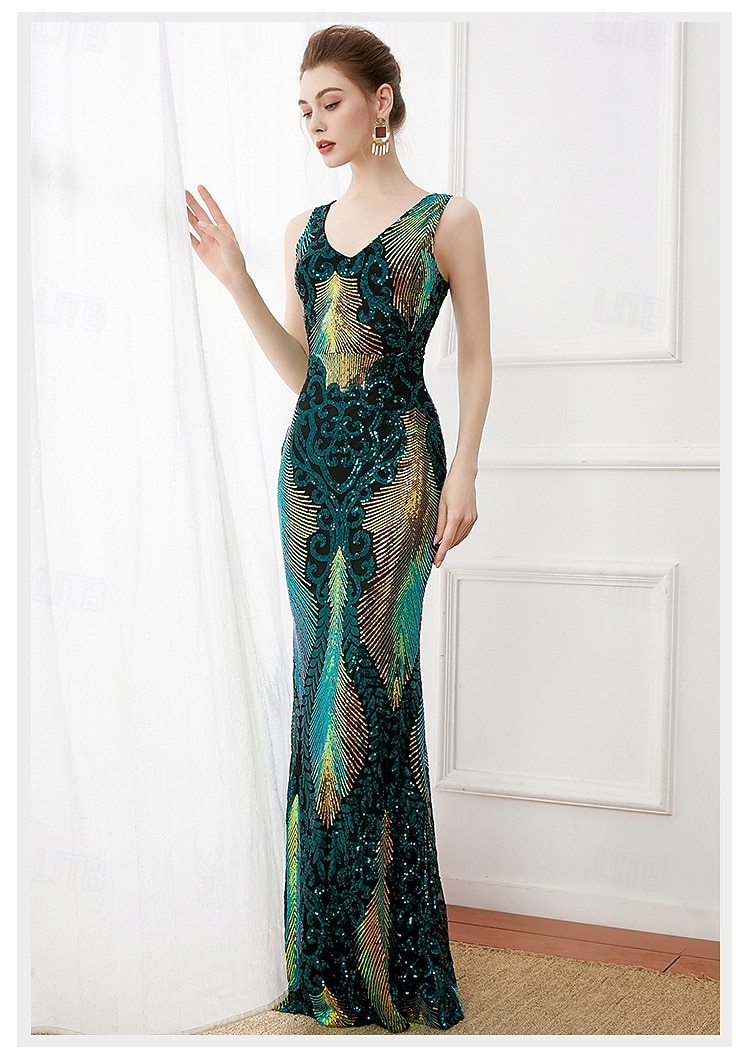 Roaring 20s 1920s Floor Length Dress Evening Dress Party Costume Sleeveless The Great Gatsby Sequin V Neck Fancy Dress Women's Christmas New Year Evening Party Party Wedding Adults Dress 2026 - $78.99 –P3
