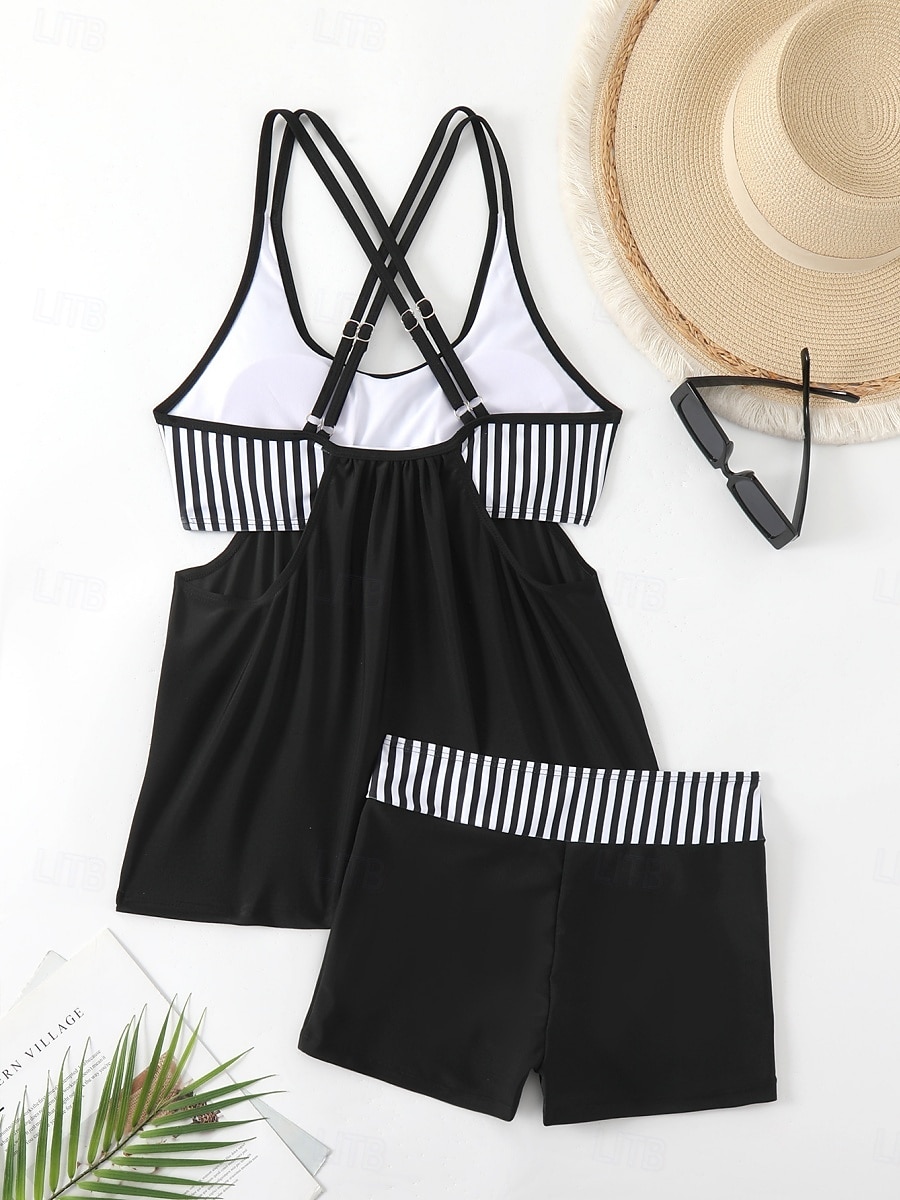 بدلة سباحة نسائية تانكيني قطعتين شورتات تحكم في البطن عالية الخصر نحيف بدون ظهر ملابس شاطئ إجازة مزينة بخطوط برقبة على شكل حرف U بدون أكمام 2026 - $33.99 –P5