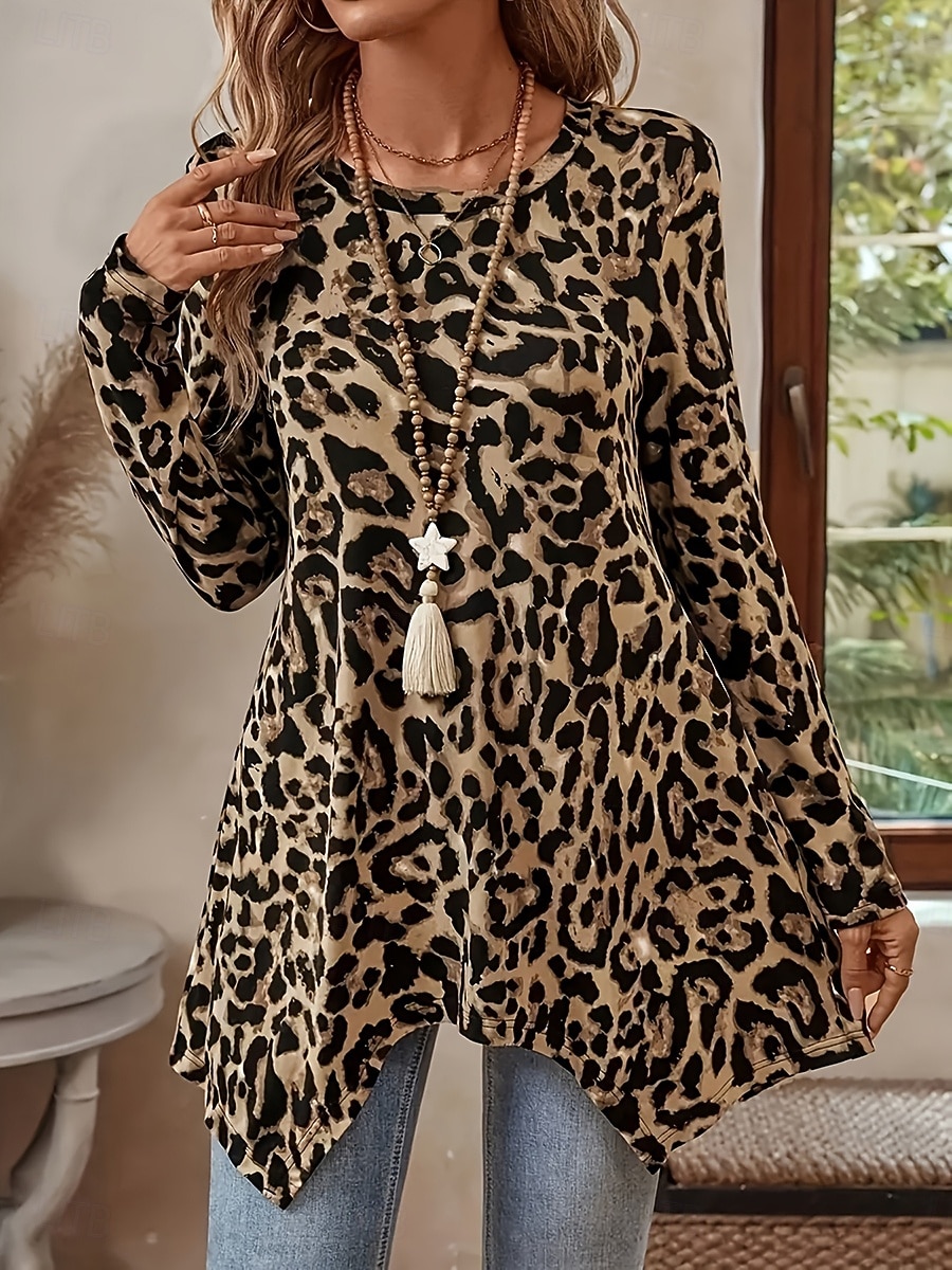Per donna Tunica Stampato Grafico Leopardo Vintage Moda Casual Manica Lunga Girocollo Top lunghi Quotidiano Weekend Blu Rosa Rosso Viola Marrone Autunno Inverno del 2026 a $24.99 –P4