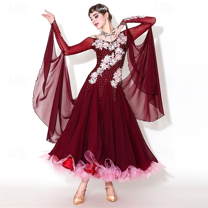 Women's Elegant Ballroom Dance Dress Rhinestone Floral Applique Waltz Tango Modern Rumba Competition Performance Gown Maroon 2026 - $434.59 –P4