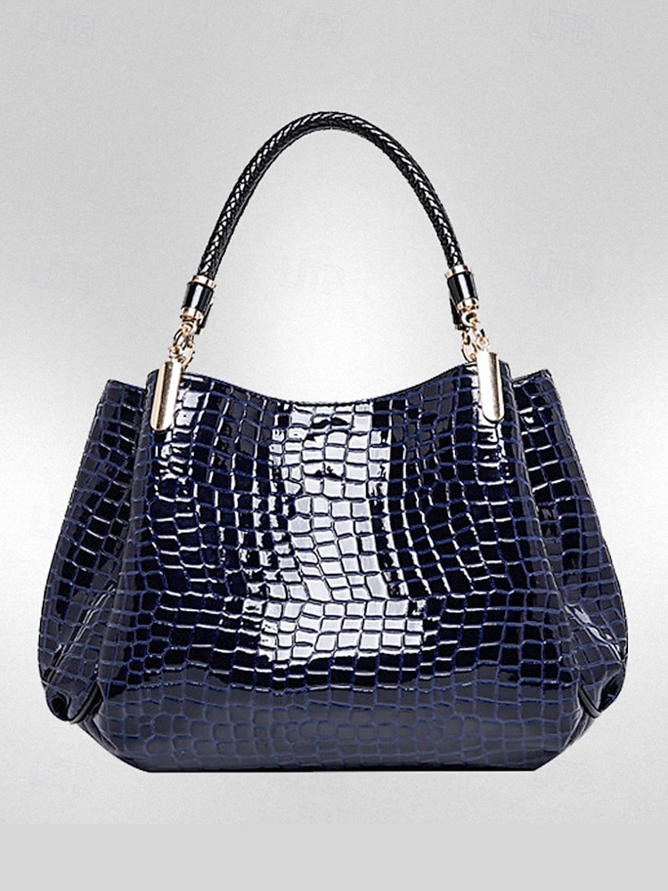 Damhandväska i konstläder med krokodilprägling, julklar, finns i rött, blått och svart – snygg vinteraxelväska med justerbar rem och gulddetaljer 2026 - $26.99 –P8