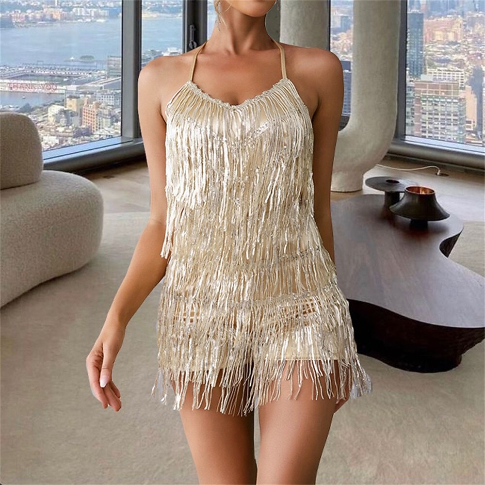 Samba Dancewear Sequin Fringe RomperSparkly Glitter Metallic Jumpsuits For WomenBackless Shorts Dress Disco Dance Outfitl Performance Costume 2026 - $53.99 –P3