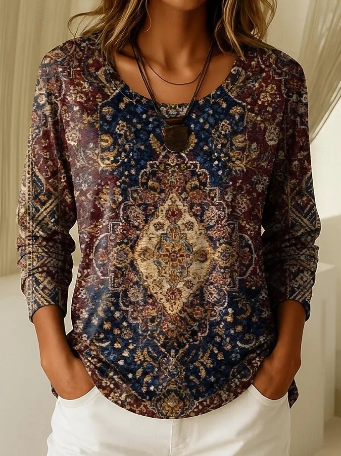 Damen T Shirt Druck Grafik Geometrisch Pflanzen Vintage Stilvoll Lässig Langarm Rundhalsausschnitt Normale Oberteile Täglich Wochenende Blau Schwarz Wein Purpur Frühling Herbst Winter 2026 - $24.99 –P2