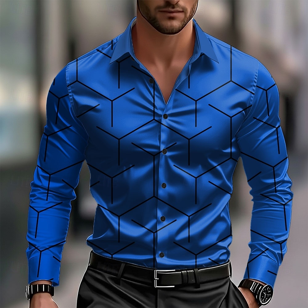 Men's Geometric Pattern Line Shirt Satin Shirt Dress Shirt Long Sleeve Business Casual Vacation Dailywear Summer Spring Fall Turndown 3D Print Button Up Shirts Blue White Pink Red Green 2026 - $29.99 –P4