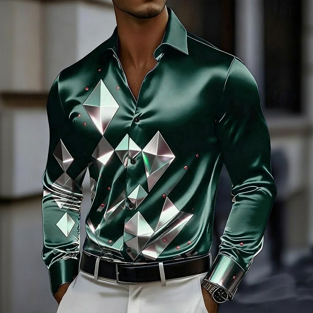 Herren Geometrisch Karo / Karomuster Glas Hemd Satinhemd Kleidhemd Langarm Business-Casual Urlaub Alltagskleidung Sommer Frühling Herbst Umlegekragen 3D-Druck Hemden mit Knopfleiste Dunkelrot 2026 - $29.99 –P2