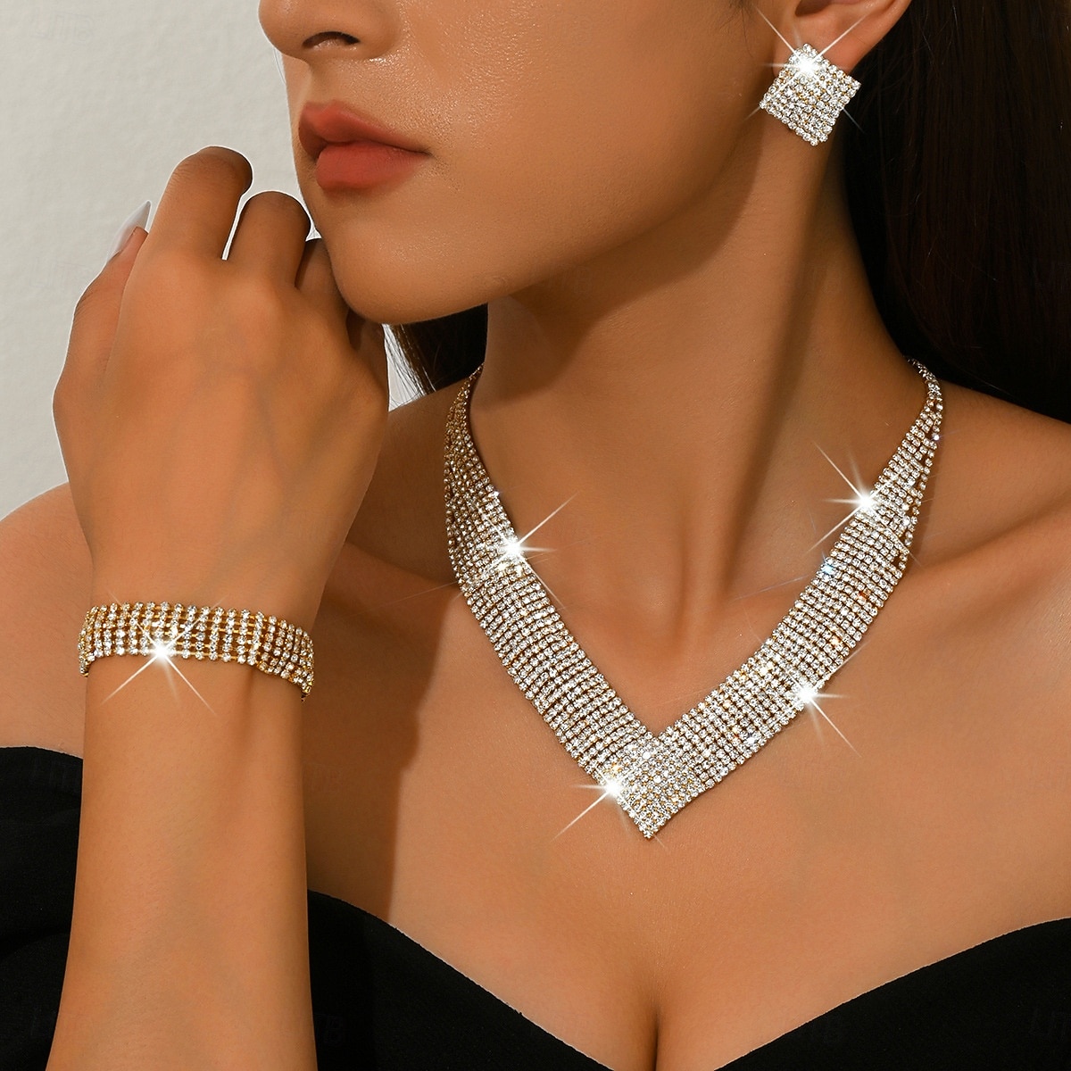 Conjunto de joias femininas douradas com strass - colar e pulseira deslumbrantes e brilhantes &Brincos, acessórios glamorosos para festas de casamento e eventos noturnos. &eventos especiais de 2026 por $24.99 –P5
