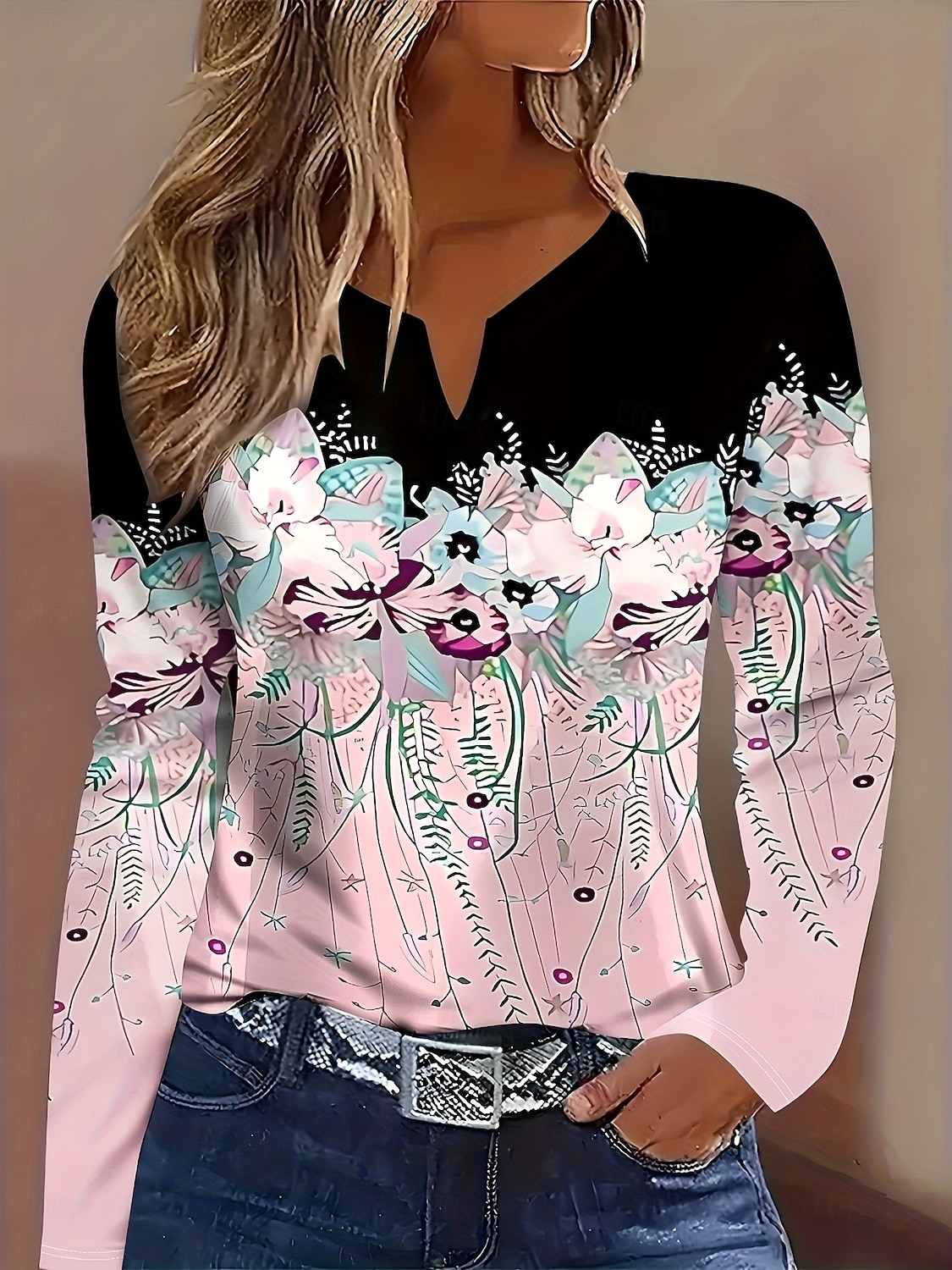 Dames T-shirt Afdrukken Ombre Bloemig Grafisch Vintage Stijlvol Klassiek Lange mouw V-hals Gekerfde nek Normale tops Dagelijks Weekend Blozend Roze Paars Lente Herfst Winter 2026 - $24.99 –P4