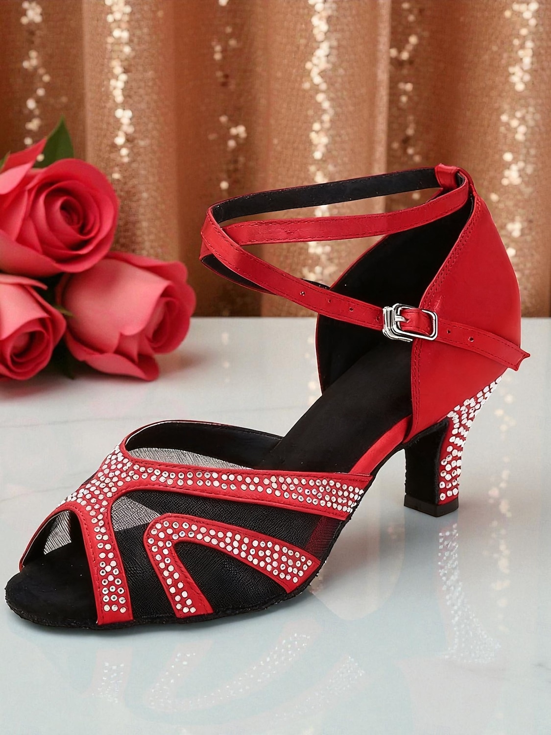 Scarpe da ballo da sala da donna con strass - tacchi latini aperti in rete con tacco basso a blocco, stile festa scintillante per salsa, tango &eventi di danza formale del 2026 a $64.99 –P4