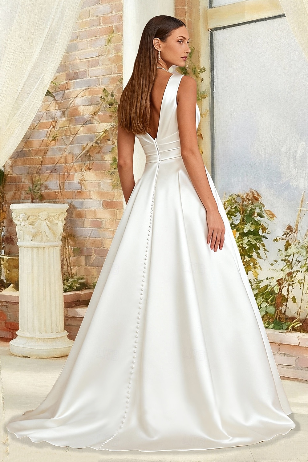 Sala Formale Abiti da sposa Linea ad A Scollo a V Senza Maniche Strascico a Terra Raso Abiti da sposa Con Arricciato Tinta unita del 2026 a $183.99 –P2