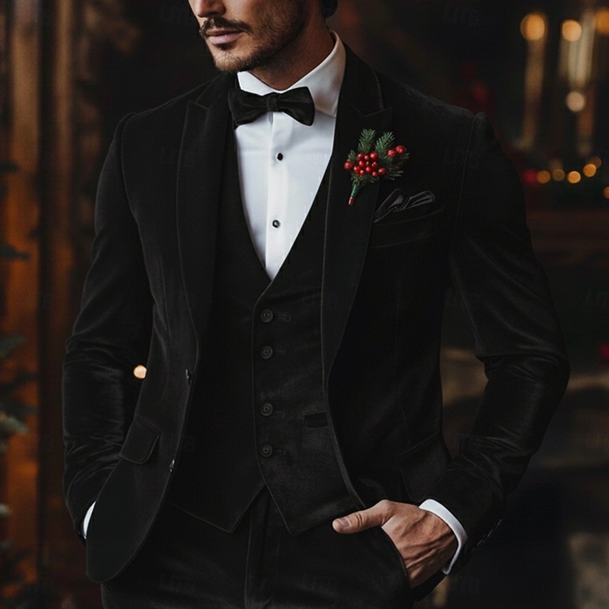 Pour des hommes Noël Soirée Costume en velours Revers en Pointe Noir Vert Noël Fête Couleur Unie Coupe sur mesure 3 pièces Simple Boutonnage Deux Boutons de 2025 ? $129.99 –P2