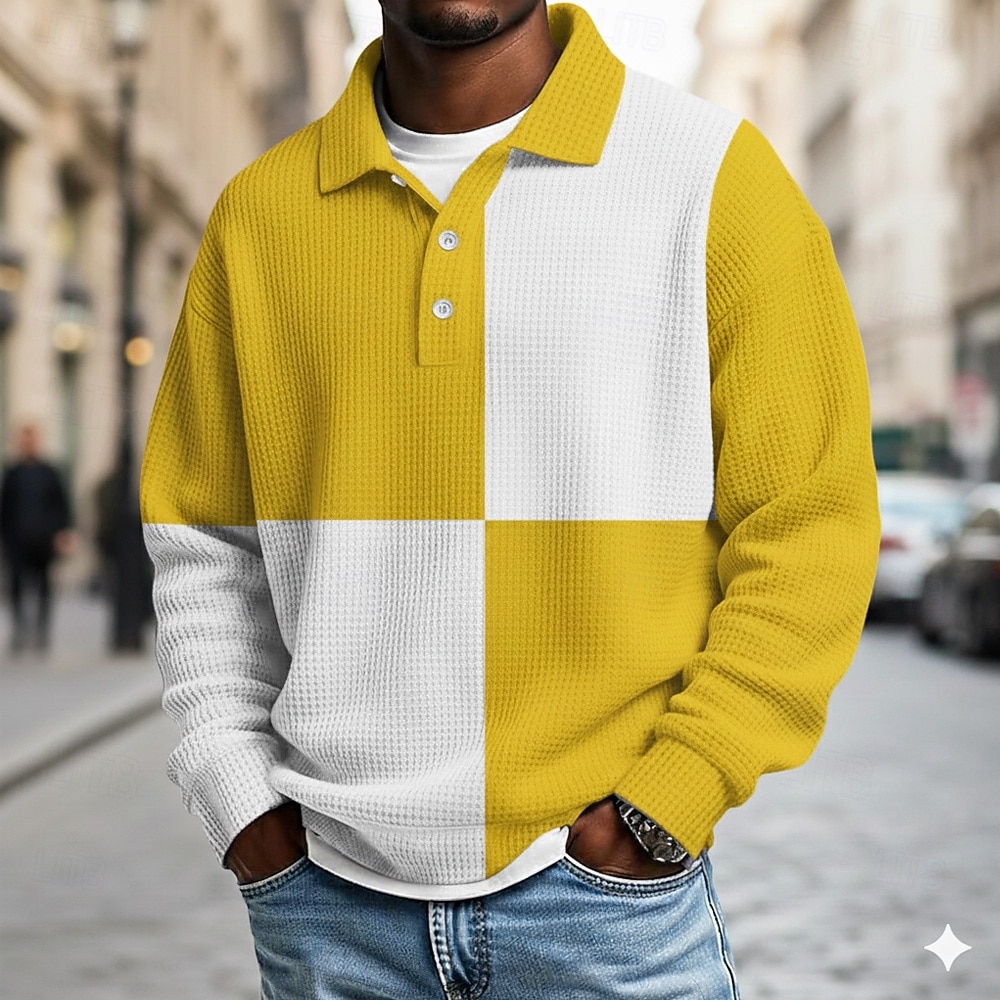 Voor heren Kleurenblok Polo Rugbypolo Met Textuur Lange mouw Poloshirt Revers Sportkleding Casual School Sportkleding Alledaagse kleding 3D-afdrukken Lente Herfst Winter Geel Groen 2026 - $28.99 –P2