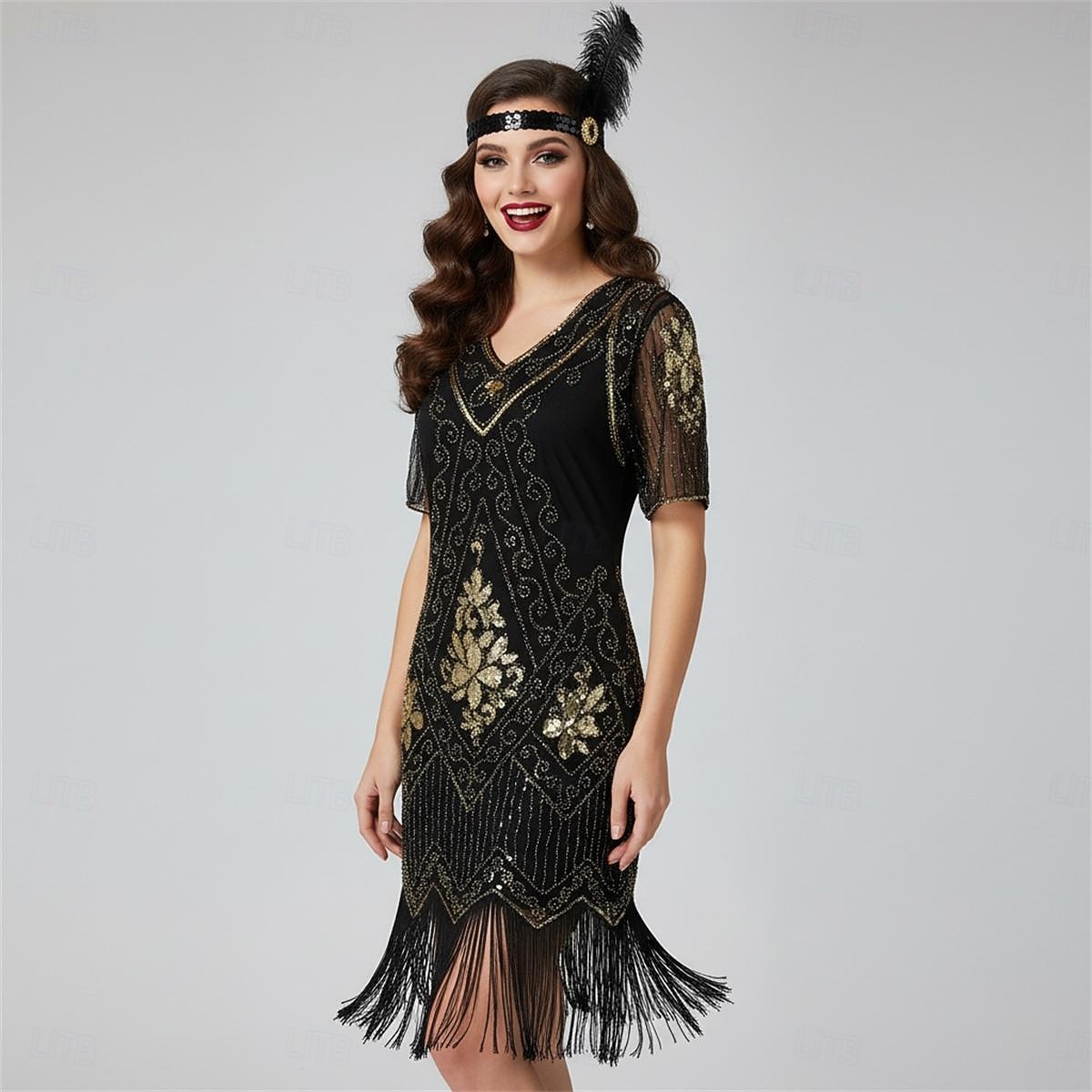Anni Ruggenti Anni 1920 Lunghezza al ginocchio Vestito Abito Flapper Abito da Ballo Maniche corte Il grande Gatsby Charleston Invitato al matrimonio Paillettes Frangia con nappe Scollo a V Costume del 2026 a $34.99 –P1