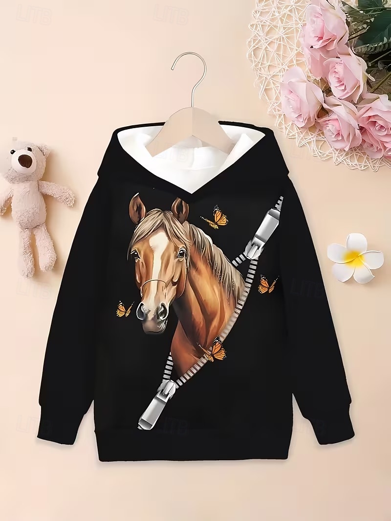 Lány 3D Grafika Állat Ló Kapucnis felsőrész Pullover Hosszú ujj 3D nyomtatás Tavasz Ősz Sportok Divat Utcai sikk Gyerekek 4-12 év Kapucni Szabadtéri Hétköznapi Napi Normál 2026 - $18.99 –P2